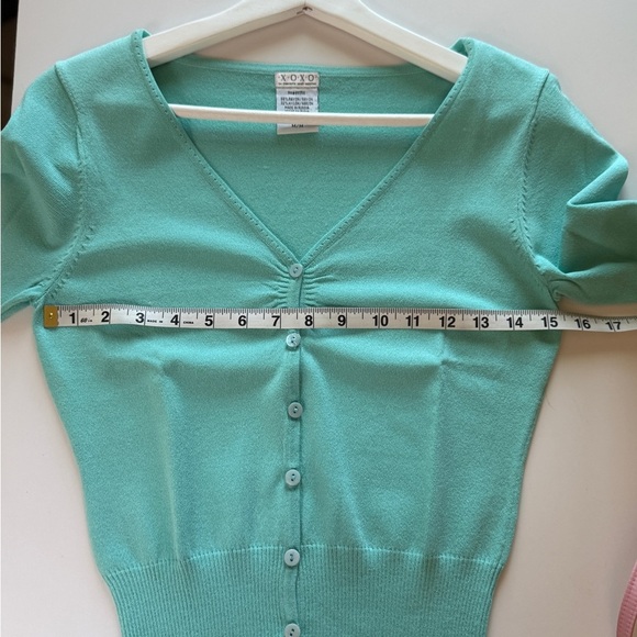 XOXO Y2K Cardigan Form Fitting Women's Button-Up Teal Aqua V Neck 3/4 Sleeve Med - Picture 7 of 8